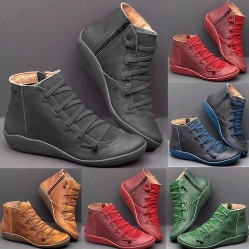 Schnürung Stiefeletten für Damen | Seitenreißverschluss Flache Sohle Bootie