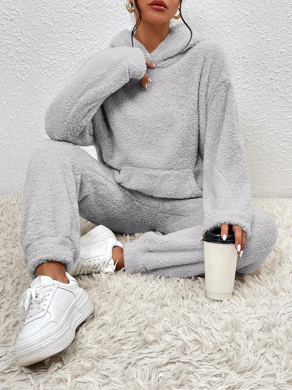 Damen Teddy Kapuzenpulli Loungewear-Set | Zweiteiliges Outfit mit Kapuze und Lange Hose