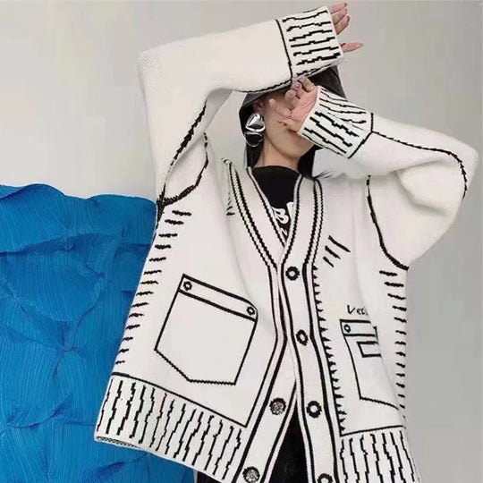 Damen Übergröße Strickjacke | Langärmliger Cardigan mit Knöpfen und Grafischem Gestaltung