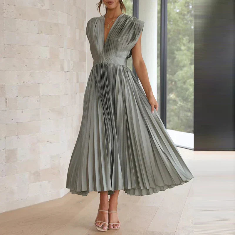 Damen V-Ausschnitt Maxikleid | Plissee