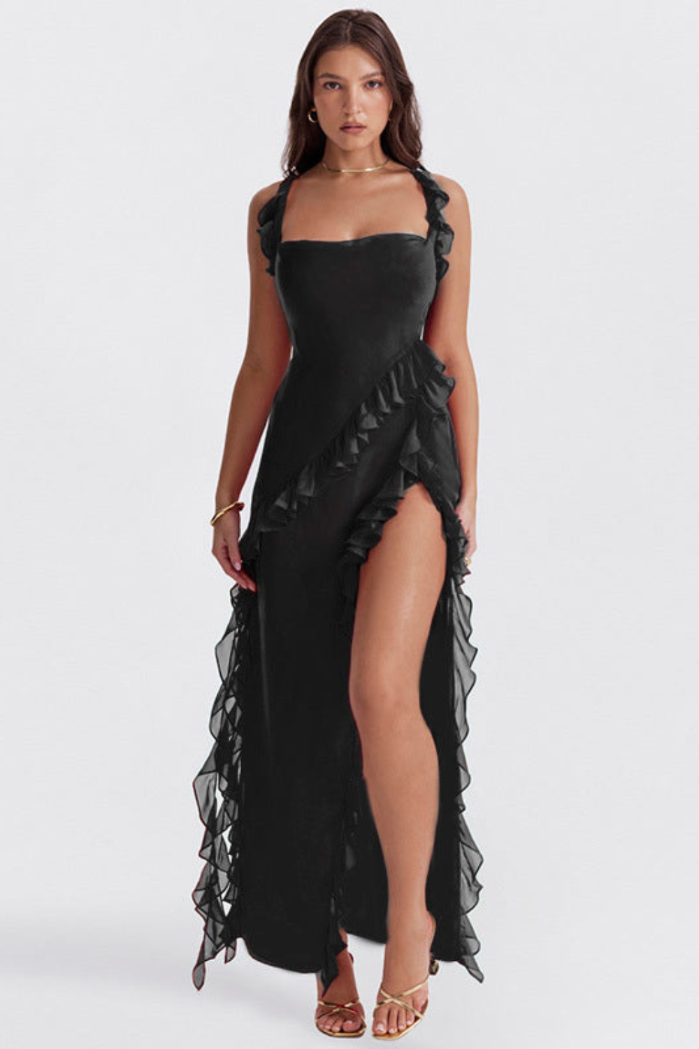 Ärmelloses Kleid mit Rüschen | Midi