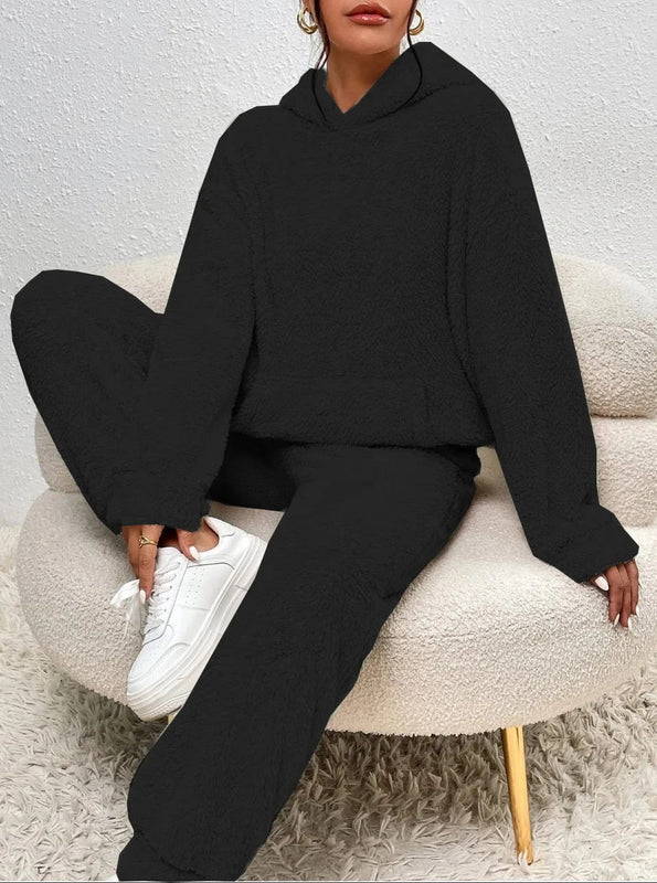 Damen Teddy Kapuzenpulli Loungewear-Set | Zweiteiliges Outfit mit Kapuze und Lange Hose