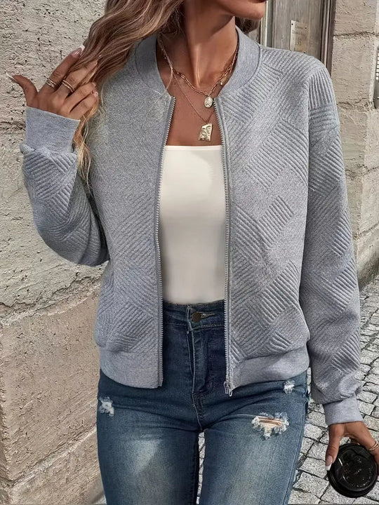 Texturierte Strickjacke mit Reißverschluss für Damen | Gerippter Saum und lange Ärmel