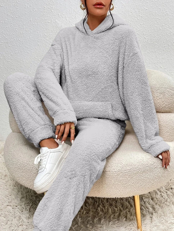 Damen Teddy Kapuzenpulli Loungewear-Set | Zweiteiliges Outfit mit Kapuze und Lange Hose