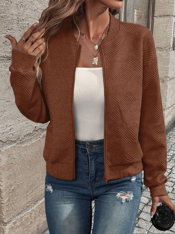 Texturierte Strickjacke mit Reißverschluss für Damen | Gerippter Saum und lange Ärmel