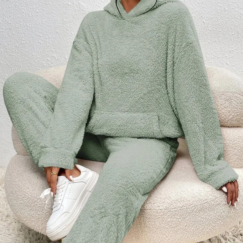 Damen Teddy Kapuzenpulli Loungewear-Set | Zweiteiliges Outfit mit Kapuze und Lange Hose