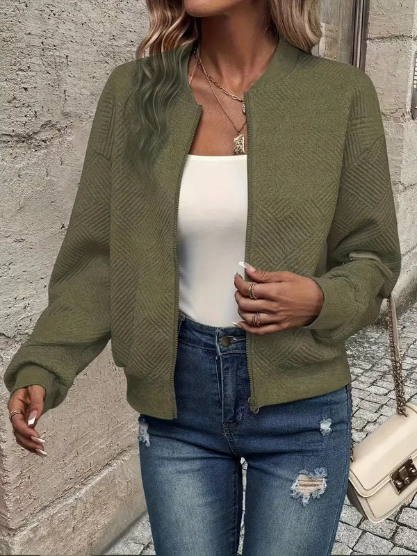 Texturierte Strickjacke mit Reißverschluss für Damen | Gerippter Saum und lange Ärmel