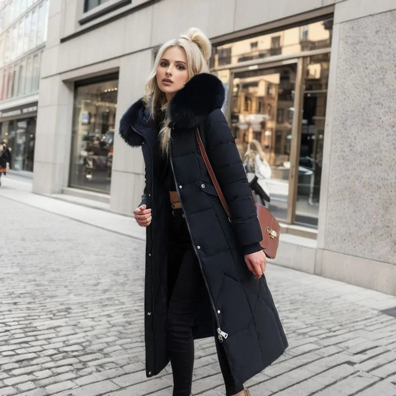 Langer Damen Winter-Parka | Dicker warmer Puffer mit Kunstpelz Kapuze