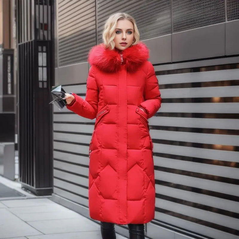 Langer Damen Winter-Parka | Dicker warmer Puffer mit Kunstpelz Kapuze