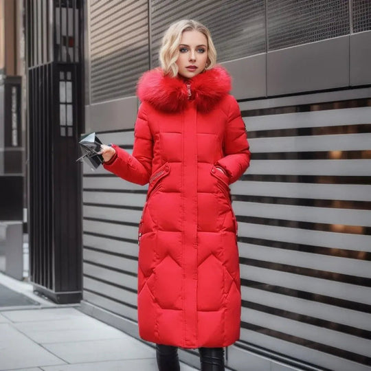 Langer Damen Winter-Parka | Dicker warmer Puffer mit Kunstpelz Kapuze