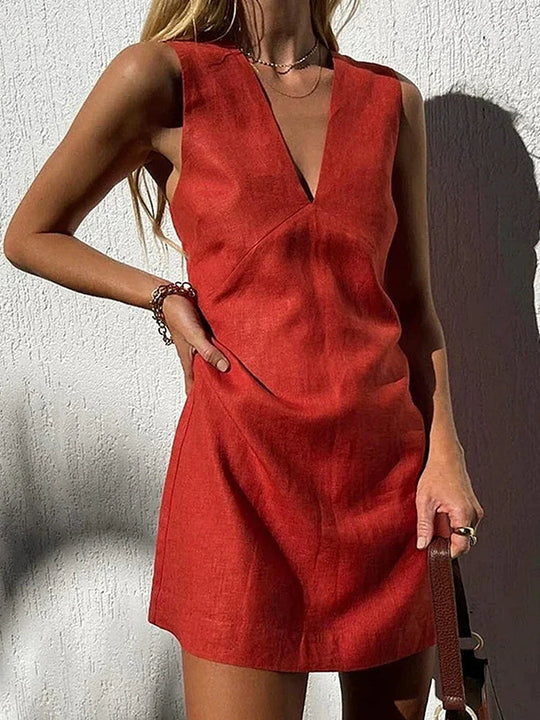 Ärmelloses Damen V-Ausschnitt Kleid | Mini