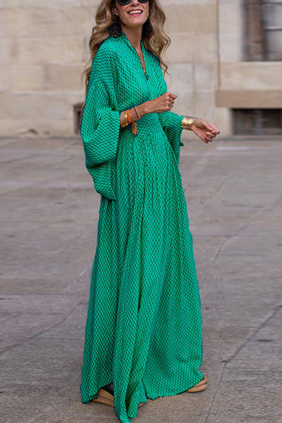 Damen Kleid mit V-Ausschnitt und weiten Ärmeln | Maxi