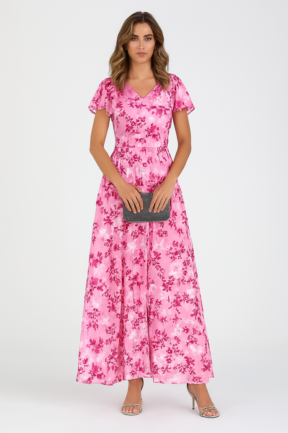 Florales Kleid für Damen | Maxi mit gerafften Ärmeln
