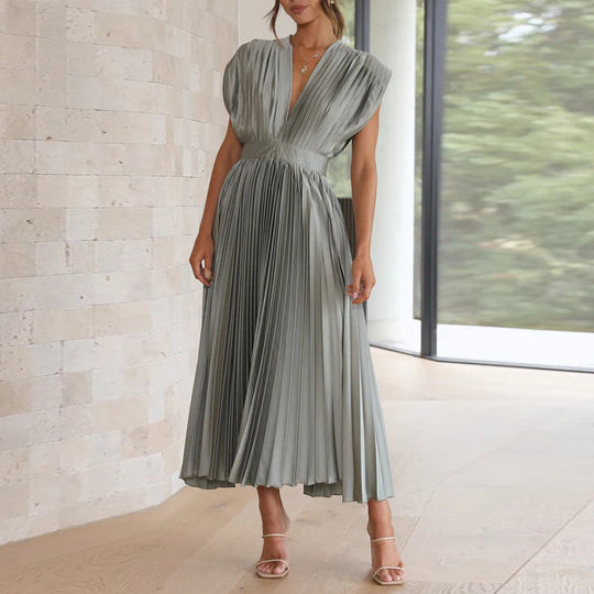 Plissiertes Kleid mit V-Ausschnitt für Damen | Midi