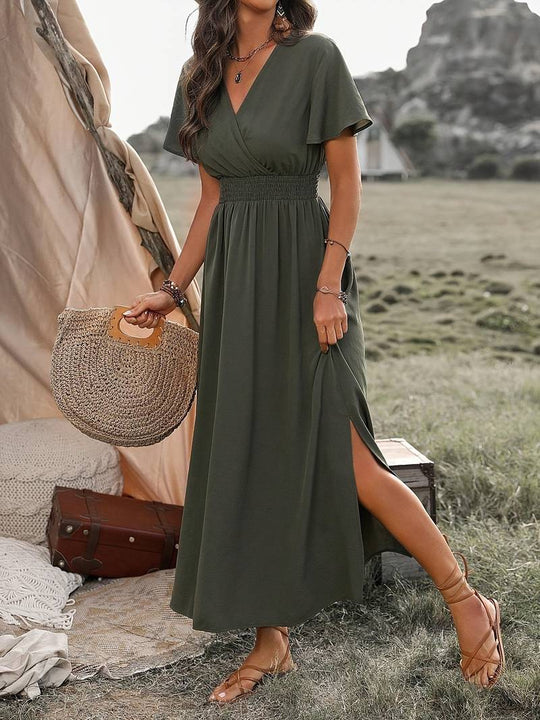 Damen V-Ausschnitt Kleid | Maxi mit geraffter Taille