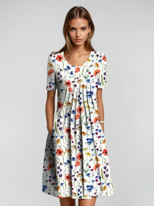 Geblümtes A-Linien-Kleid | Midi mit Taschen für Damen