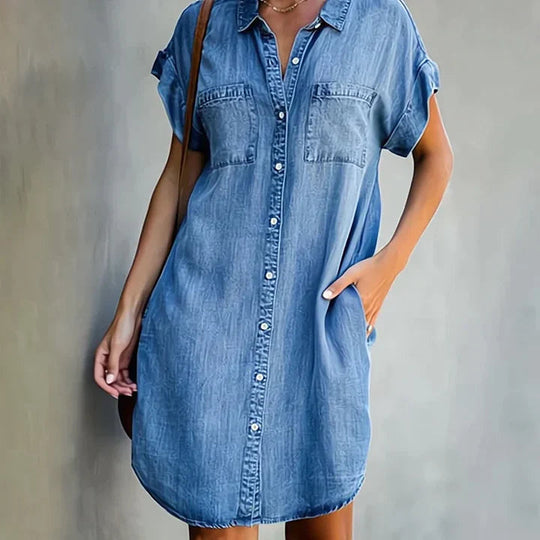 Kurzärmeliges Denim-Kleid | Midi für Damen