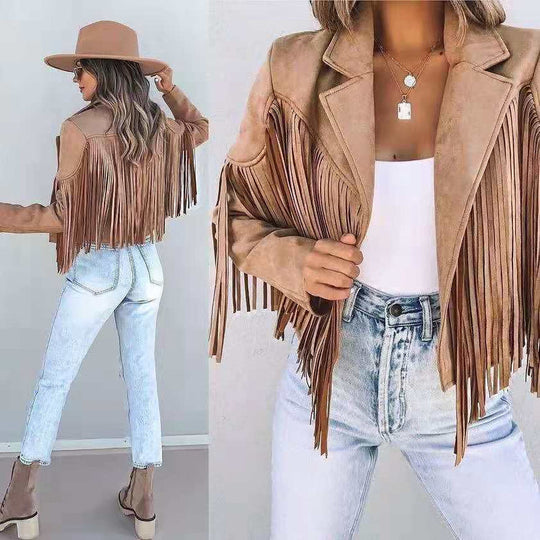 Kurze Fransenjacke für Damen | Oberbekleidung mit Reverskragen und Fransen