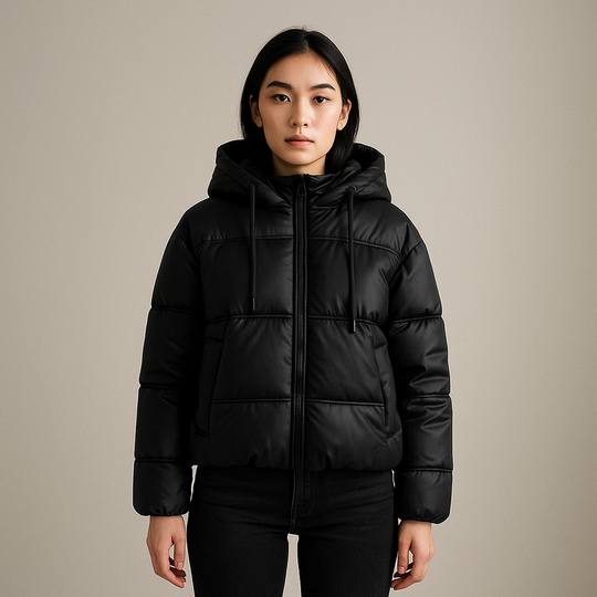 Kurze Pufferjacke für Damen | Oberbekleidung mit Kapuze und Reißverschluss vorne