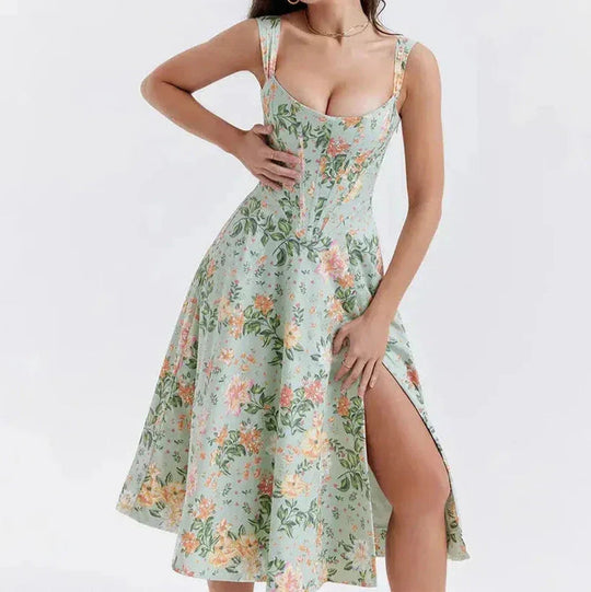 Damen Floral Korsett Midikleid | Schlitz
