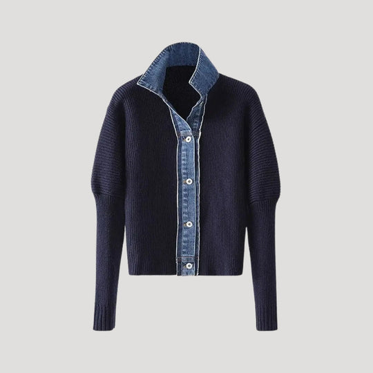 Geknöpfte Strickjacke für Damen | Denim-Stehkragen