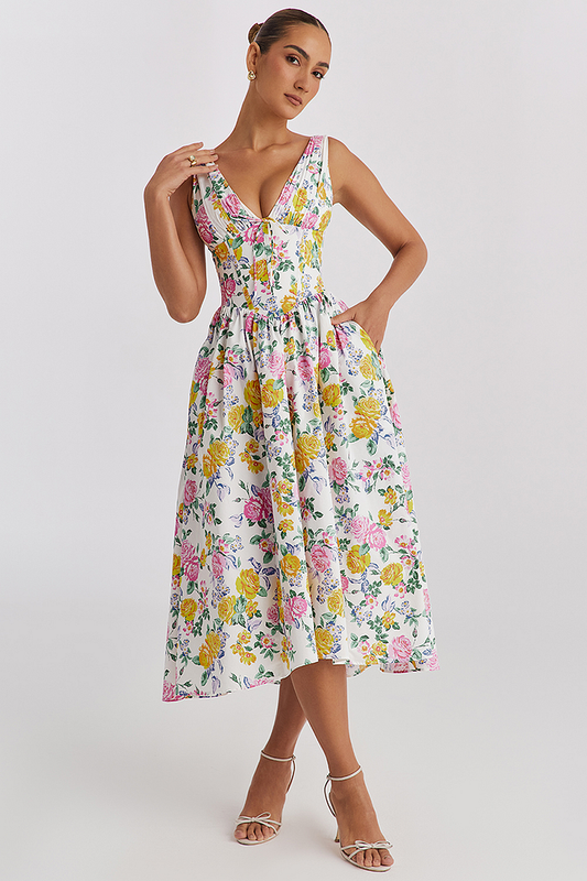 Damen V-Ausschnitt Floral Kleid | Elegantes Midi