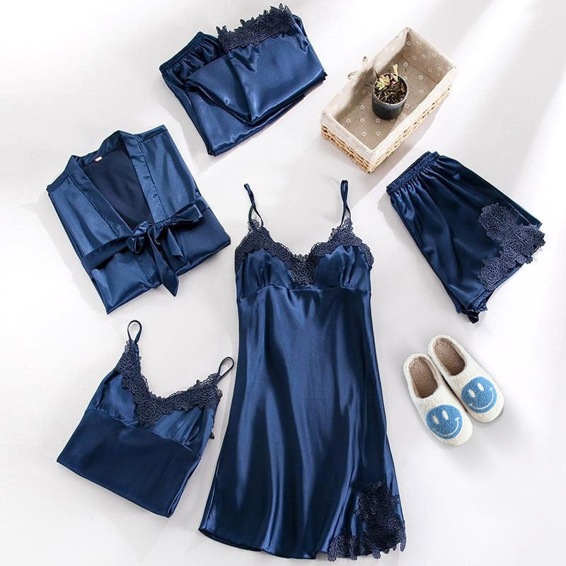 Satin-Nachtwäsche-Set mit Spitze für Damen | Fünfteiliges
