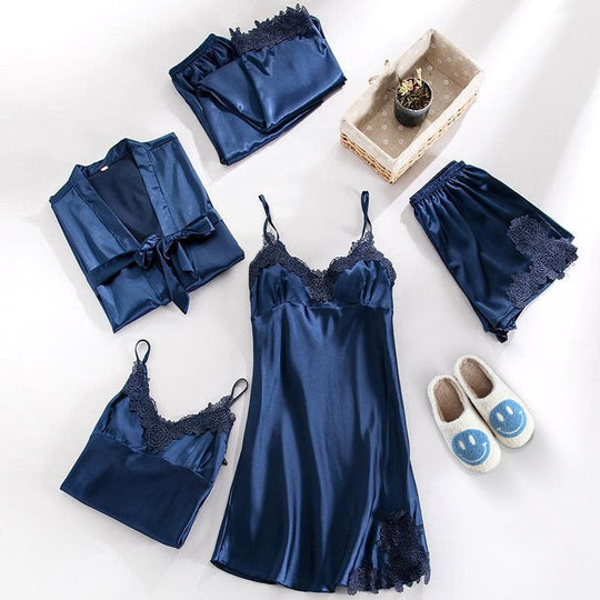Satin-Nachtwäsche-Set mit Spitze für Damen | Fünfteiliges