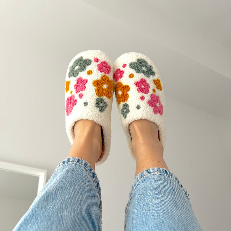 Flauschige Bestickte Blumen-Hausschuhe für Damen | Gemütliche