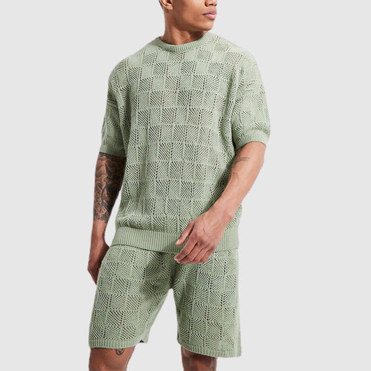 Gestricktes geometrisches Outfit-Set für Männer | Oberteil und Kurze Hosen