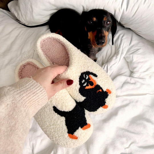 Flauschige Dackel-Motiv Hausschuhe für Damen | Bestickte