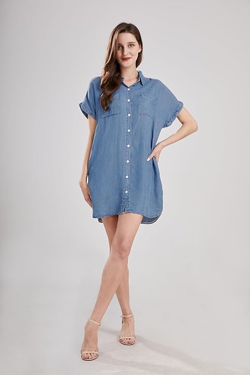 Kurzärmeliges Denim-Kleid | Midi für Damen