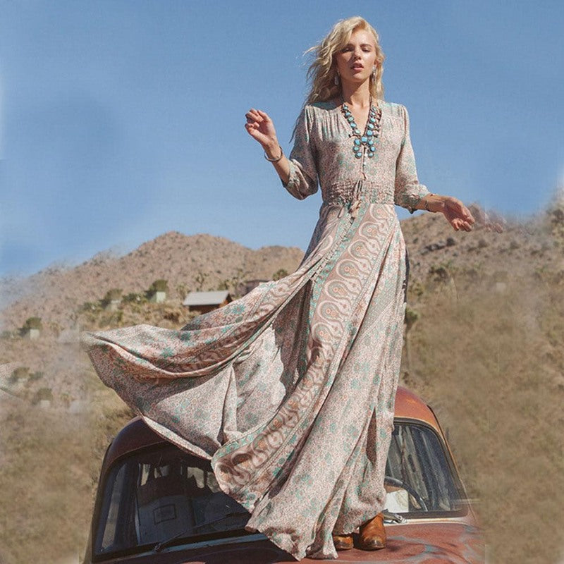 Fließendes Maxikleid mit Blumenmuster für Damen | Böhmisch