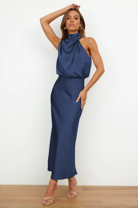 Schickes Damen-Halter-Satin-Kleid | Maxi