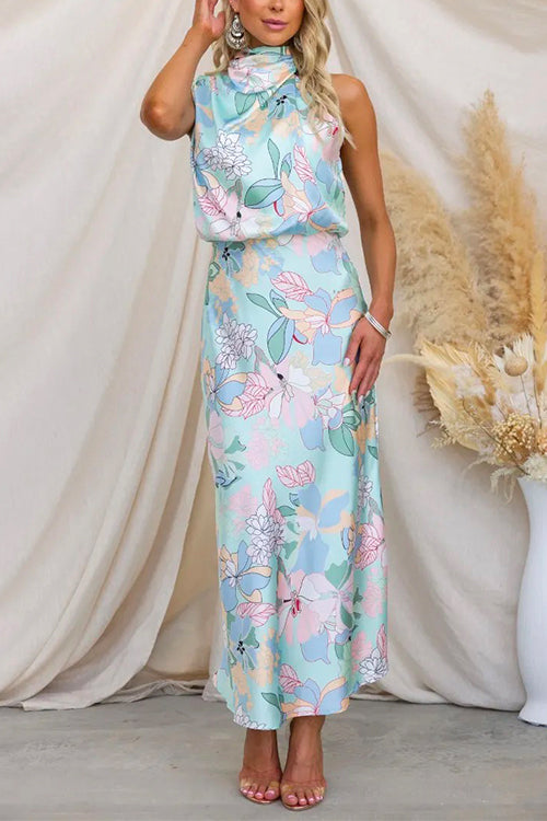 Blumen bedrucktes Maxikleid für Damen | Hoher Ausschnitt