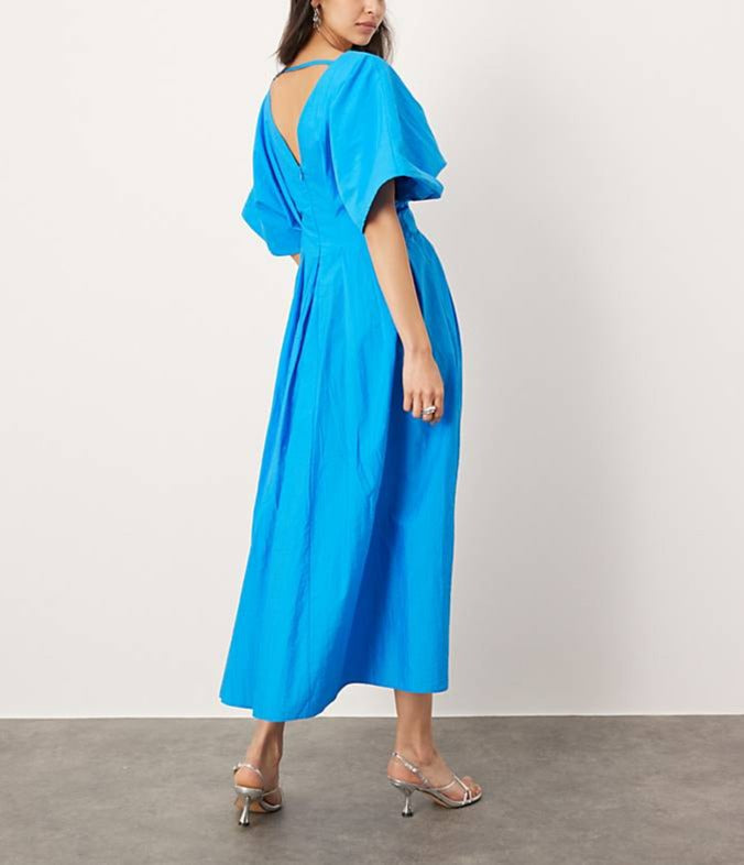 Weites Midikleid mit Puffärmeln | Plissee