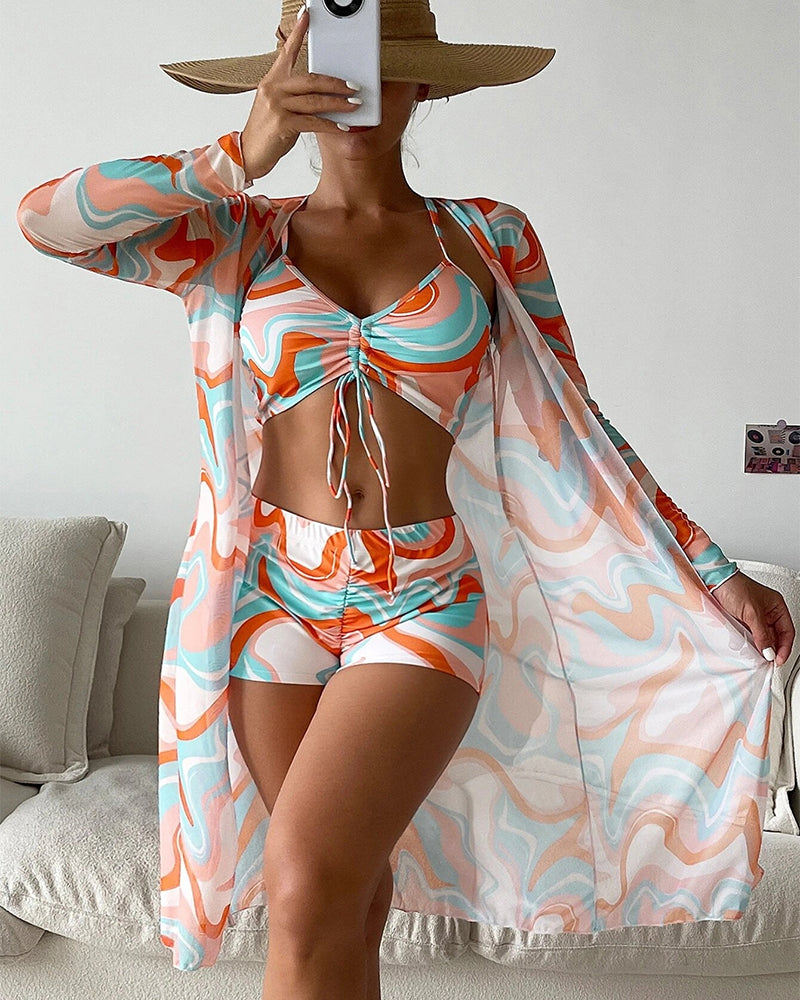 Bedrucktes Bikini- & Blusen-Set für Damen | 3-teilig