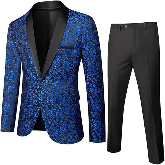 Herren Formelle Smoking Zweiteiliges Set | Gemusterter Blazer mit Satin-Revers und Anzughose
