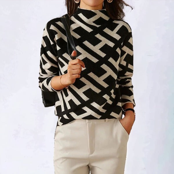 Damen Strickpullover mit geometrischem Muster | Langarm Freizeit Oberteil