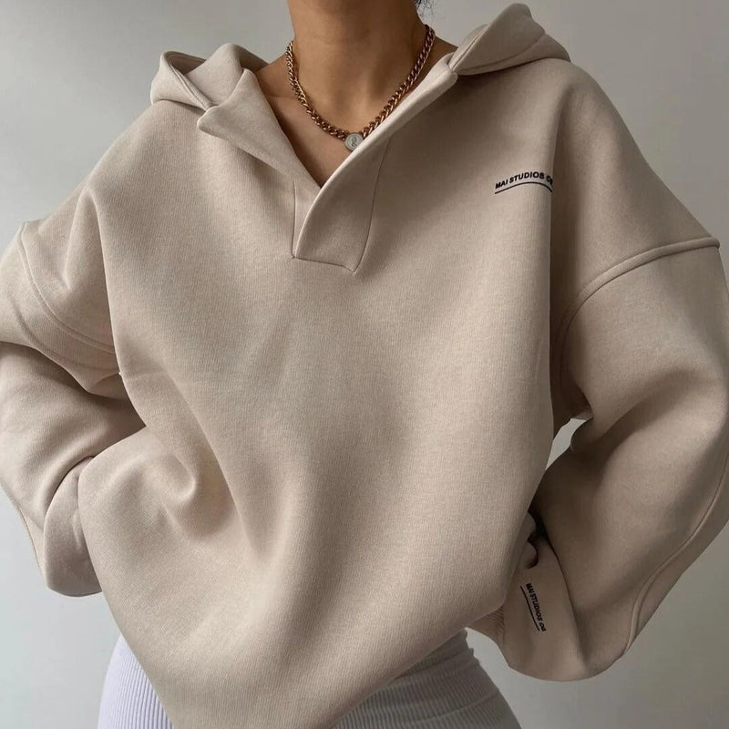 Damen Übergröße Kapuzenpullover | Moderner Hoodie mit Kragen Einzelheiten