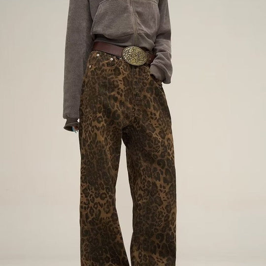 Damen Weit Bein Jeans mit Leopardenmuster | Weinlese Denim mit hoher Taille Hose