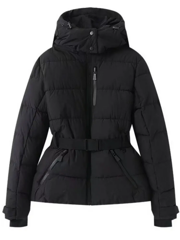 Damen Skijacke | Gesteppt Puffer mit Taillengürtel und Kapuze