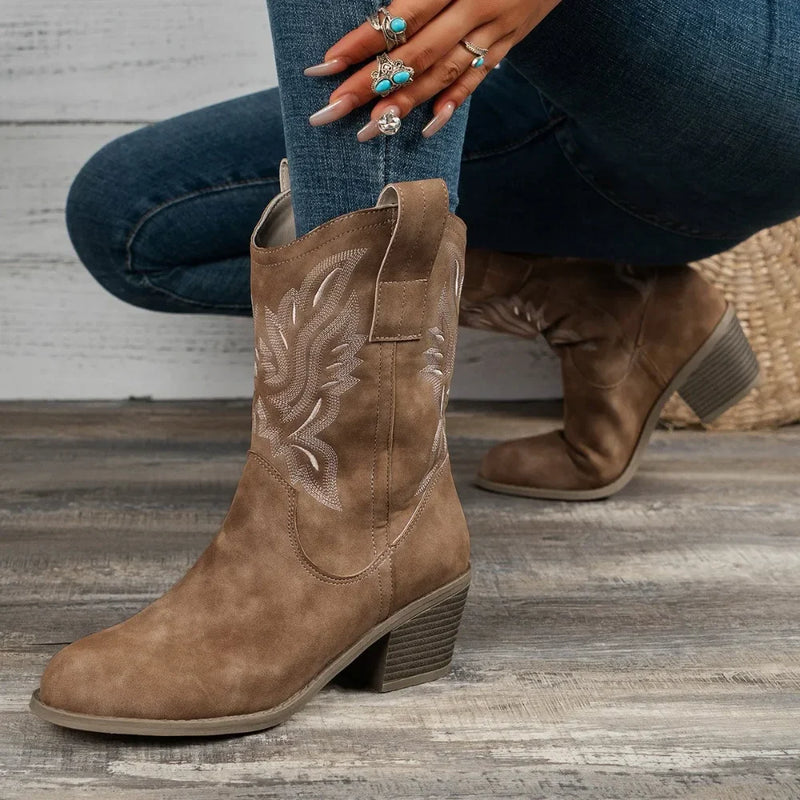 Damen bestickte Westernstiefel | Blockabsatz