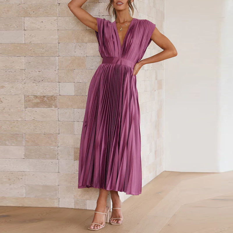 Plissiertes Kleid mit V-Ausschnitt für Damen | Midi