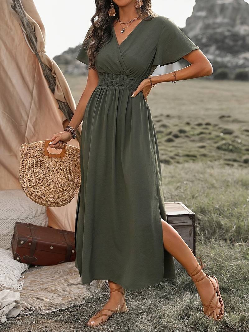 Damen V-Ausschnitt Kleid | Maxi mit geraffter Taille