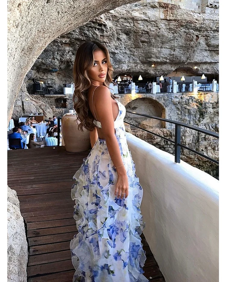 Damen-Blumenkleid | Maxi mit gerüschten Einzelheiten