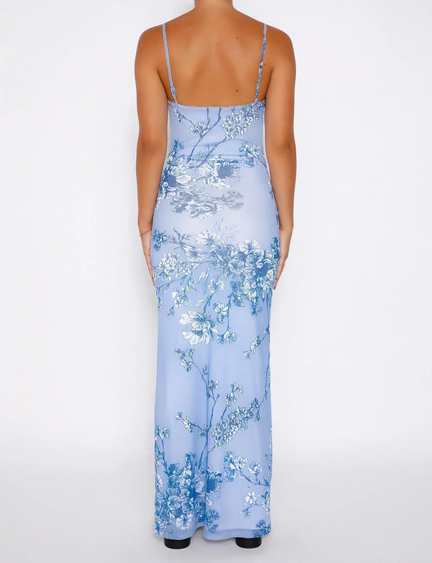 Florales Spaghetti-Trägerkleid für Damen | Maxi