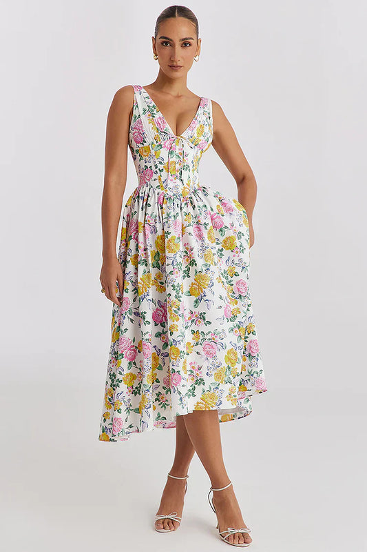 Damen V-Ausschnitt Floral Kleid | Elegantes Midi