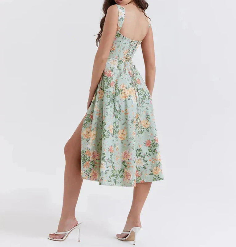 Damen Floral Korsett Midikleid | Schlitz