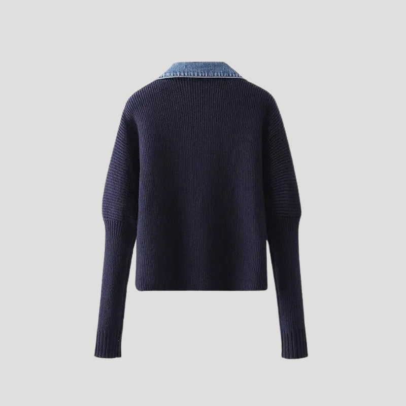 Geknöpfte Strickjacke für Damen | Denim-Stehkragen